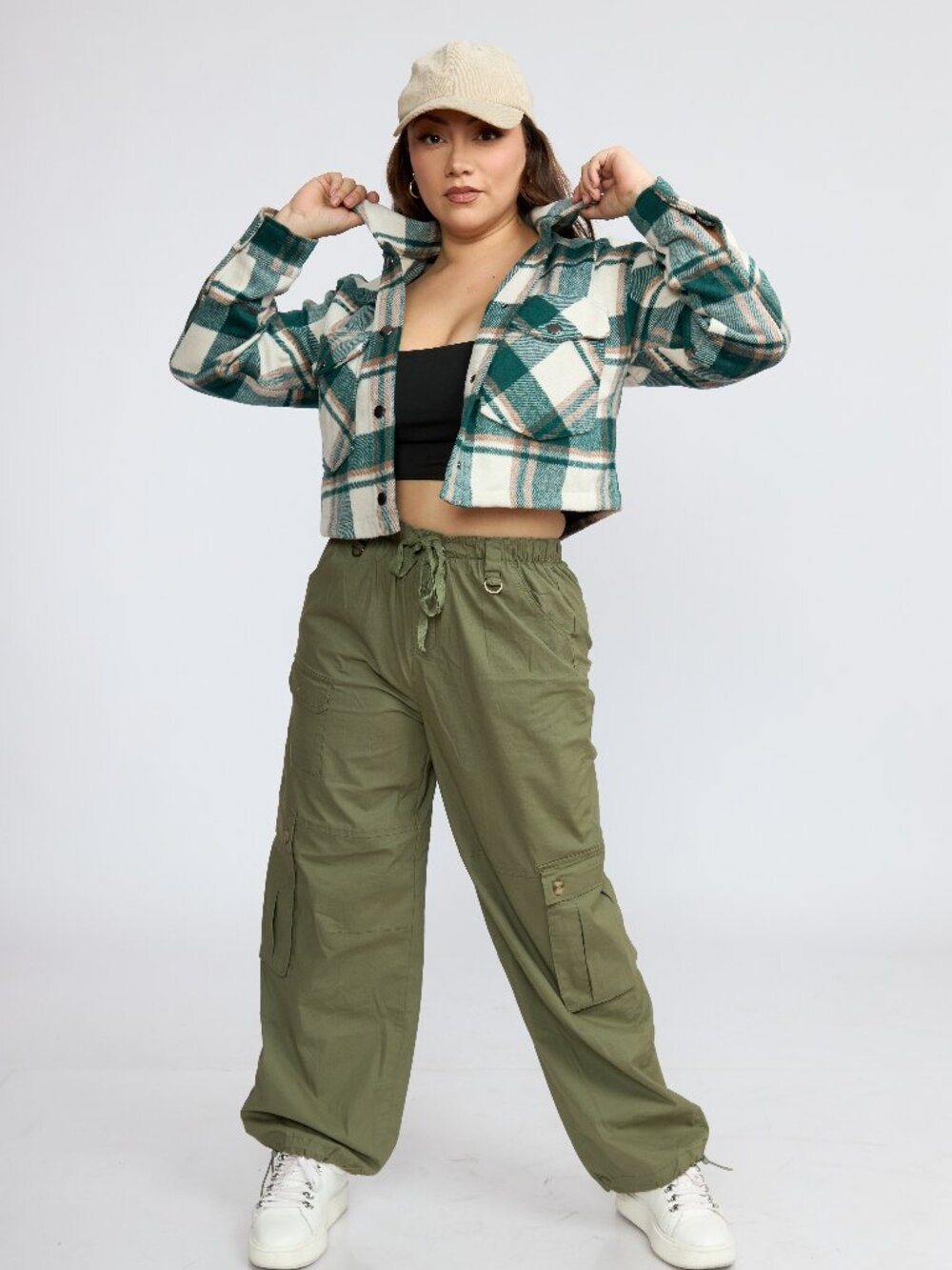 Women's Cotton Cargo Pants, Relaxed Fit Drawstring Waist Utility Pants.